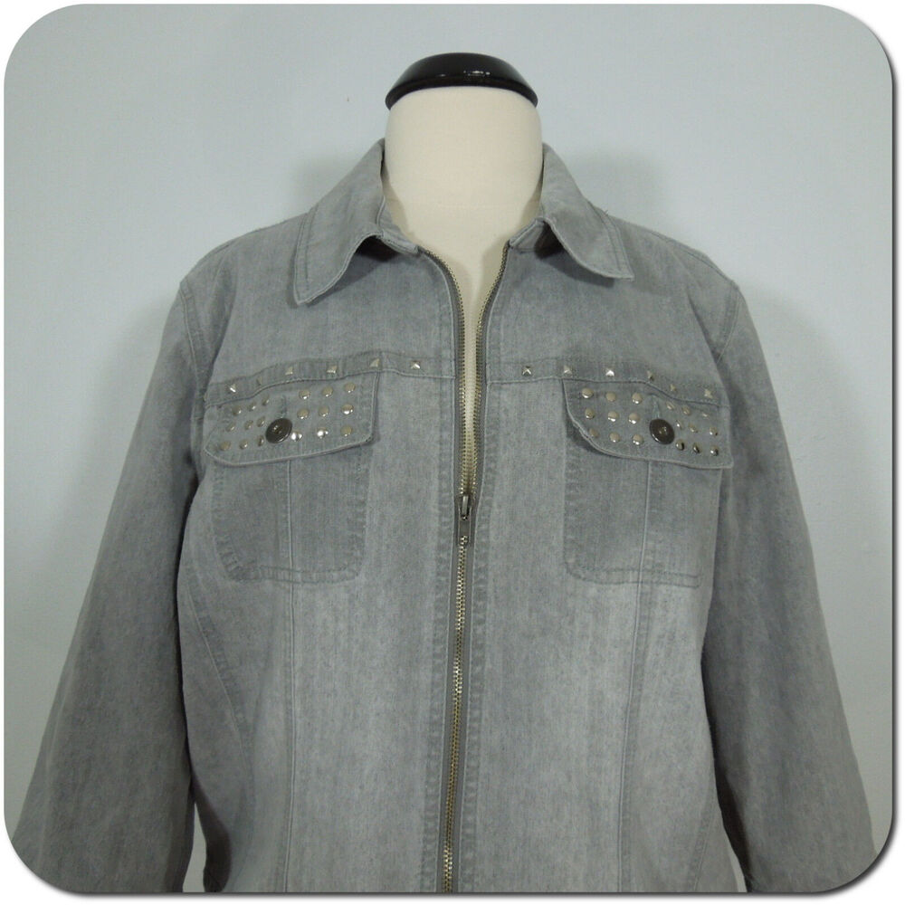 MULTIPLES Womens XL Gray Denim Jacket Studs Embellished Pockets